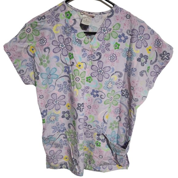 Cherokee Scrub Top Womens Small Floral Nursing Medical Work Uniform Short Sleeve - Picture 1 of 3